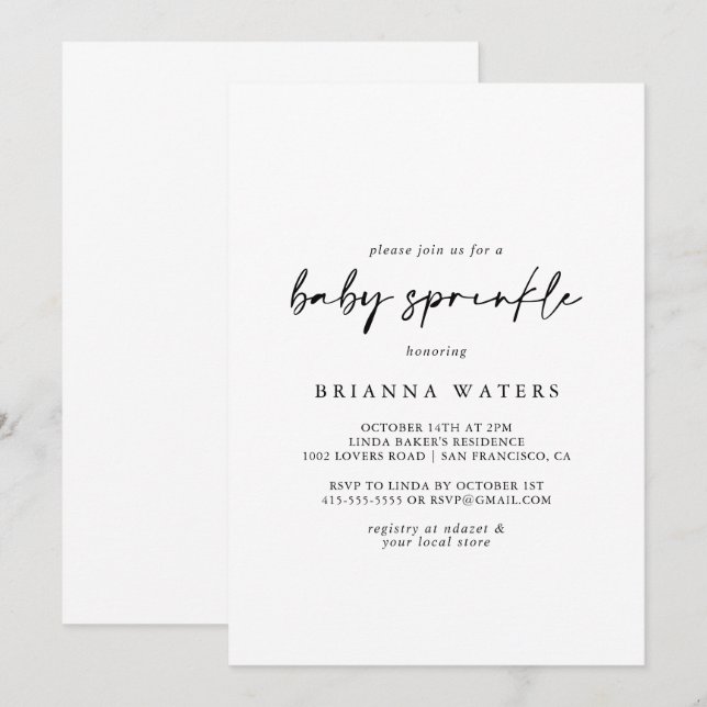Calligraphy Modern Elegant Baby Sprinkle  Invitation (Front/Back)