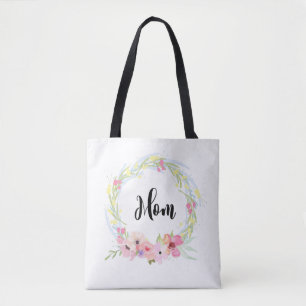 Calligraphy Mom and Watercolor Floral Wreath Tote Bag