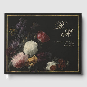 Calligraphy Monogram Black Romantic Flowers Guest Book