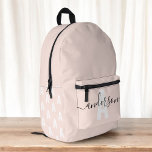 Calligraphy Monogram Blush Pink Printed Backpack<br><div class="desc">Get ready for school with this stylish personalized backpack! Featuring your name in whimsical calligraphy, beautifully overlaying your monogram in a bold, modern font, this backpack combines practicality with a unique touch. Spacious and durable, it's perfect for carrying all your essentials—from textbooks to notebooks—while showcasing your personal style. Whether for...</div>