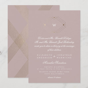 Calligraphy Monogram Gold Foil Taupe Musk Wedding Invitation