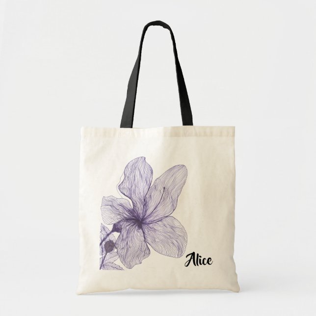 Calligraphy Monogram Hibiscus Flower Custom Bridal Tote Bag (Front)