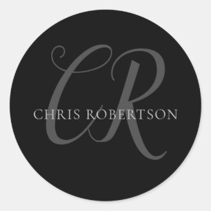 Calligraphy Monogram Name Black Grey Custom Gift Classic Round Sticker
