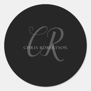 Calligraphy Monogram Name Black Grey Custom Gift Classic Round Sticker