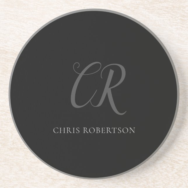 Calligraphy Monogram Name Black Grey Custom Gift Coaster (Front)