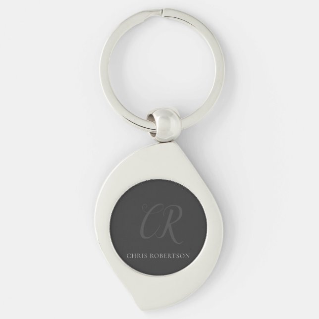 Calligraphy Monogram Name Black Grey Custom Gift Keychain (Front)