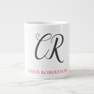 Calligraphy Monogram Name Black Grey Custom Gift Large Coffee Mug