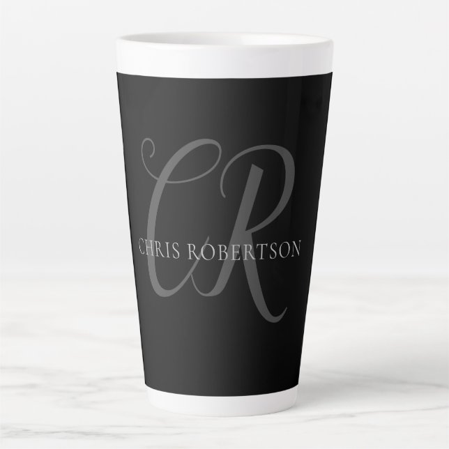 Calligraphy Monogram Name Black Grey Custom Gift Latte Mug (Front)