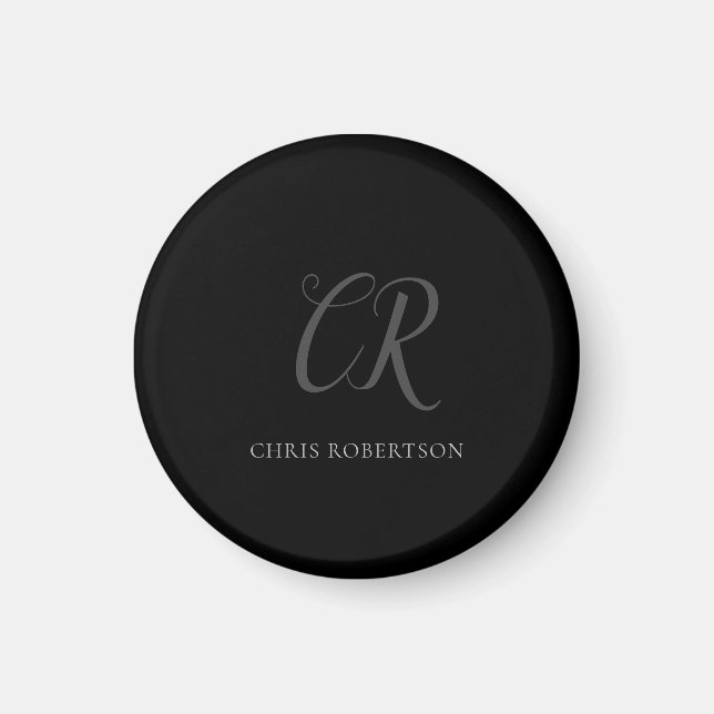 Calligraphy Monogram Name Black Grey Custom Gift Magnet (Front)