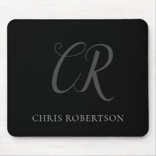 Calligraphy Monogram Name Black Grey Custom Gift Mouse Pad