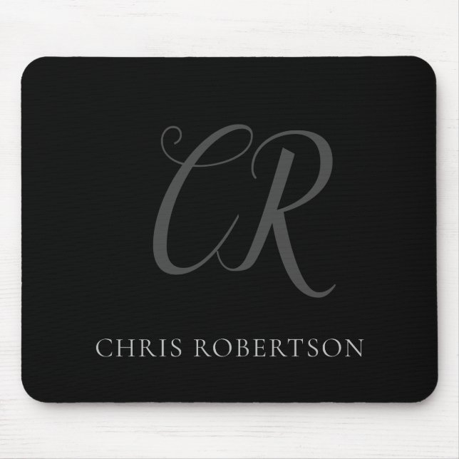 Calligraphy Monogram Name Black Grey Custom Gift Mouse Pad (Front)