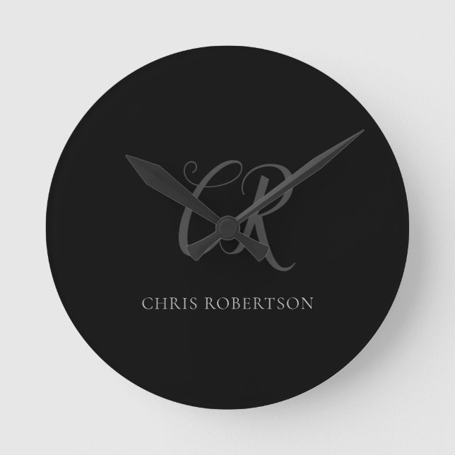 Calligraphy Monogram Name Black Grey Custom Gift Round Clock (Front)