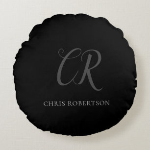 Calligraphy Monogram Name Black Grey Custom Gift Round Pillow