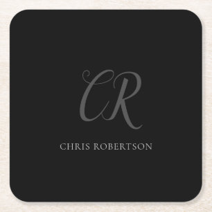 Calligraphy Monogram Name Black Grey Custom Gift Square Paper Coaster