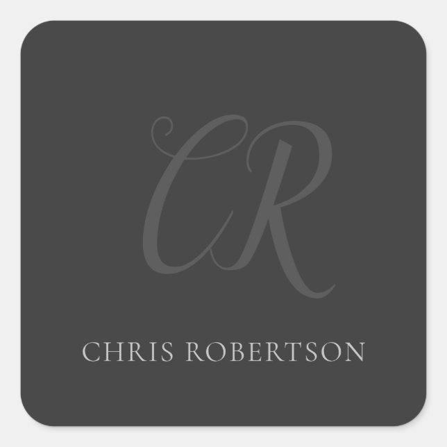 Calligraphy Monogram Name Black Grey Custom Gift Square Sticker (Front)