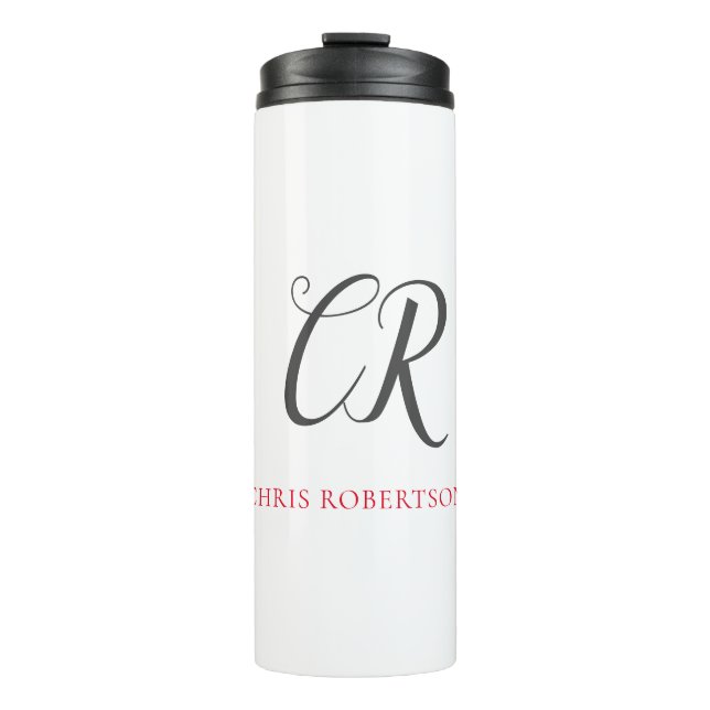 Calligraphy Monogram Name Black Grey Custom Gift Thermal Tumbler (Front)