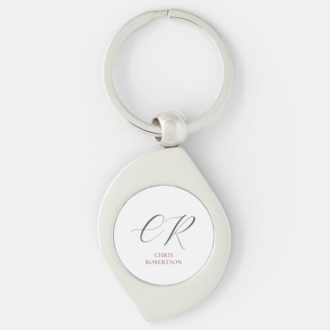 Calligraphy Monogram Name Black White Custom Gift Keychain (Front)