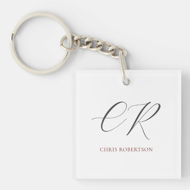 Calligraphy Monogram Name Black White Custom Gift Keychain (Front)