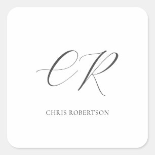 Calligraphy Monogram Name Black White Custom Gift Square Sticker