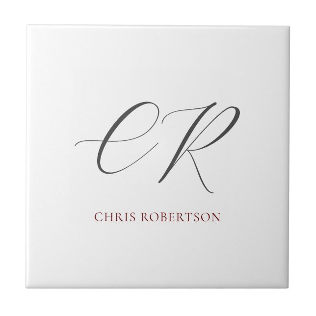 Calligraphy Monogram Name Black White Custom Gift Tile (Front)