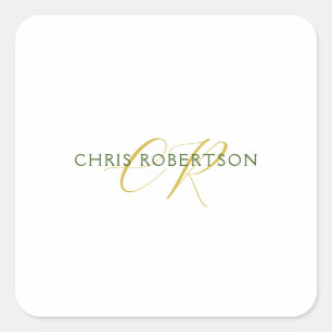 Calligraphy Monogram Name Gold Black White Custom Square Sticker
