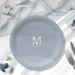 Calligraphy Monogram Wedding Dusty Blue ID771 Paper Plate