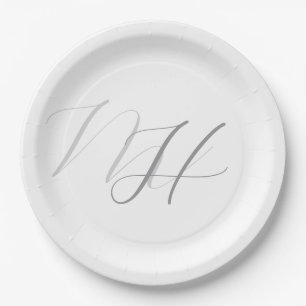 Calligraphy Monogram White Grey Plain Simple Paper Plate