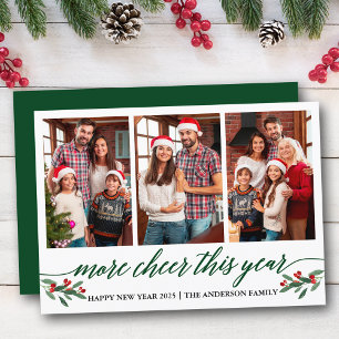 Calligraphy More Cheer This Year 3 Photo Green Holiday Card