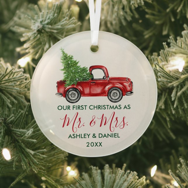 Calligraphy Mr. Mrs. Christmas Truck Red Green Glass Ornament (Insitu)