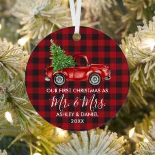 Calligraphy Mr. Mrs. Christmas Truck Red Plaid Metal Ornament