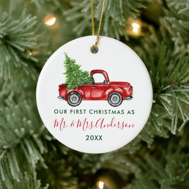 Calligraphy Mr. Mrs. First Christmas Red Truck  Ceramic Ornament (Tree)