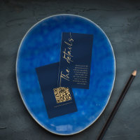 Calligraphy Navy Blue Gold QR Code Wedding Details