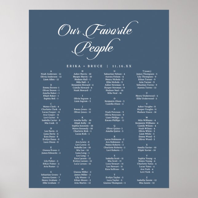 Calligraphy Navy Blue Printable Seating Chart (Front)