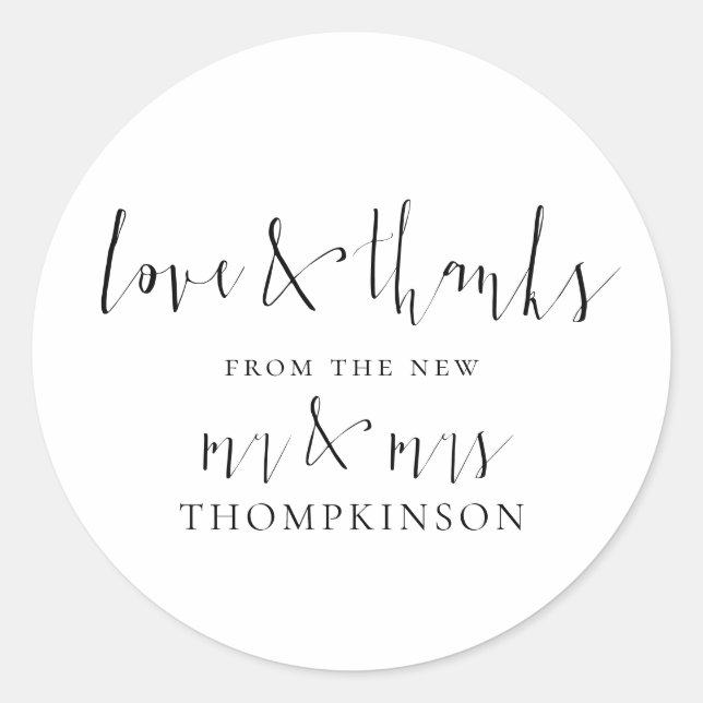 Calligraphy New Mr and Mrs Love and Thanks Classic Round Sticker (Front)