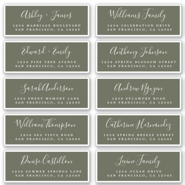 Calligraphy Olive Green Guest Address Labels (Front)