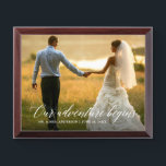 Calligraphy Our Adventure Begins Photo Plaque<br><div class="desc">Modern Elegant Calligraphy Our Adventure Begins Couple Wedding Photo Plaque</div>