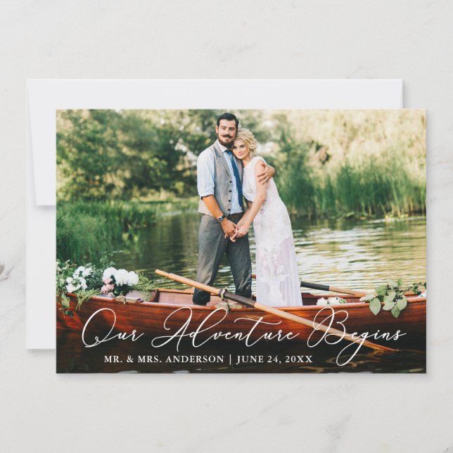 Calligraphy Our Adventure Begins Wedding Photo Thank You Card (Front)