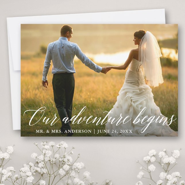 Calligraphy Our Adventure Begins Wedding Thank You Card (Customize to add text or more photos to back of card.)