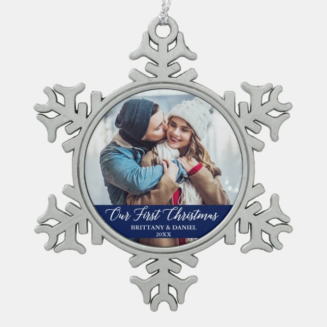 Calligraphy Our First Christmas Couple Photo Blue Snowflake Pewter Christmas Ornament (Front)