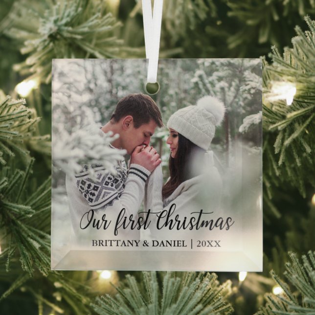 Calligraphy Our First Christmas Couple Photo Glass Ornament (Insitu)