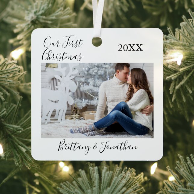 Calligraphy Our First Christmas Couple Photo Metal Ornament (Insitu)