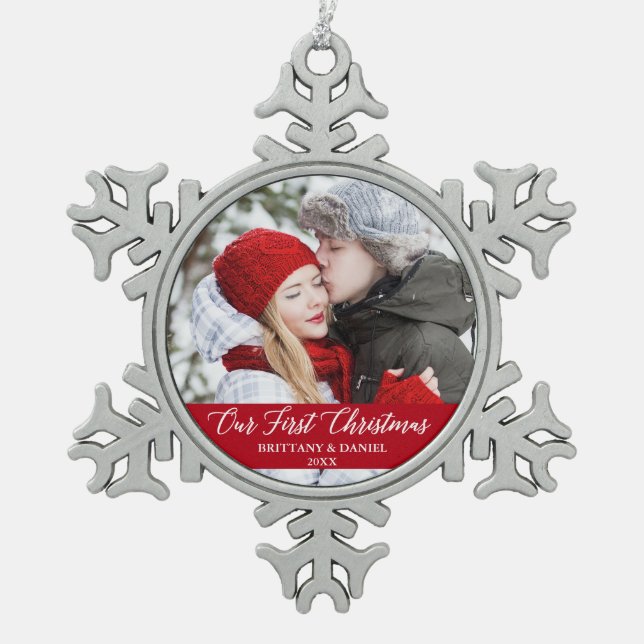 Calligraphy Our First Christmas Couple Photo Red Snowflake Pewter Christmas Ornament (Front)