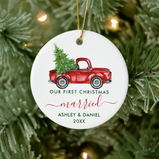 Calligraphy Our First Christmas Married Red Truck Ceramic Ornament (Tree)