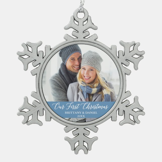 Calligraphy Our First Christmas Photo Light Blue Snowflake Pewter Christmas Ornament (Front)