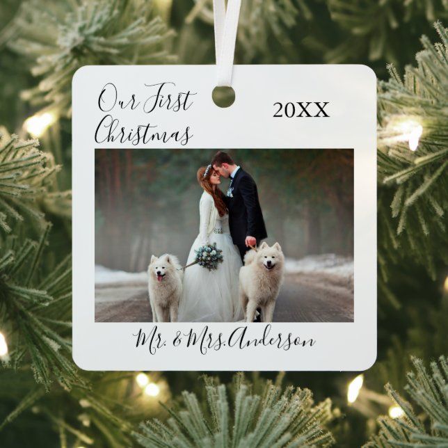 Calligraphy Our First Christmas Photo Wedding Metal Ornament (Insitu)