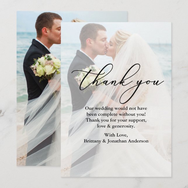 Calligraphy Overlay Wedding Photo Thank You Card (Front/Back)