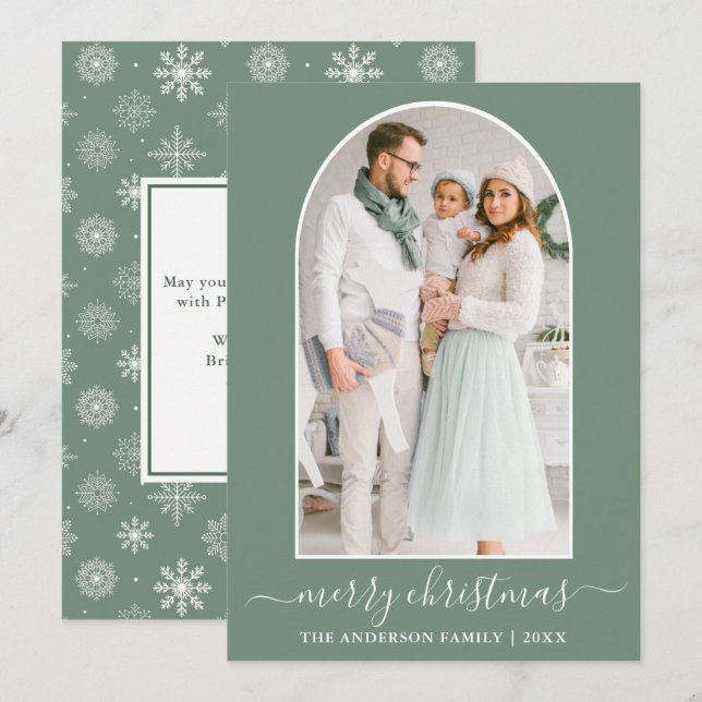 Calligraphy Photo Arch Snowflakes Sage Green Holiday Card (Front/Back)
