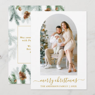 Calligraphy Photo Arch Watercolor Pine Gold Holiday Card