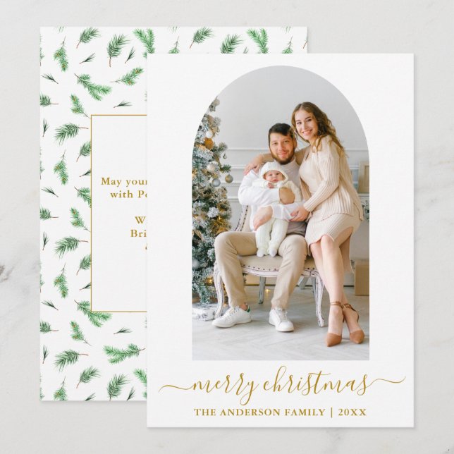 Calligraphy Photo Arch Watercolor Pines Gold Holiday Card (Front/Back)
