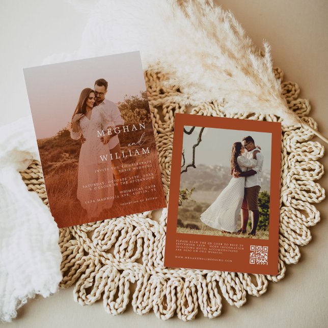 Calligraphy Photo Burnt Orange QR Code Wedding Invitation (Creator Uploaded)
